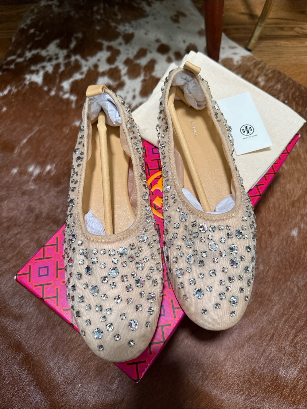 Tory Burch Embellished Nude Beige Crystal Ballet Flats